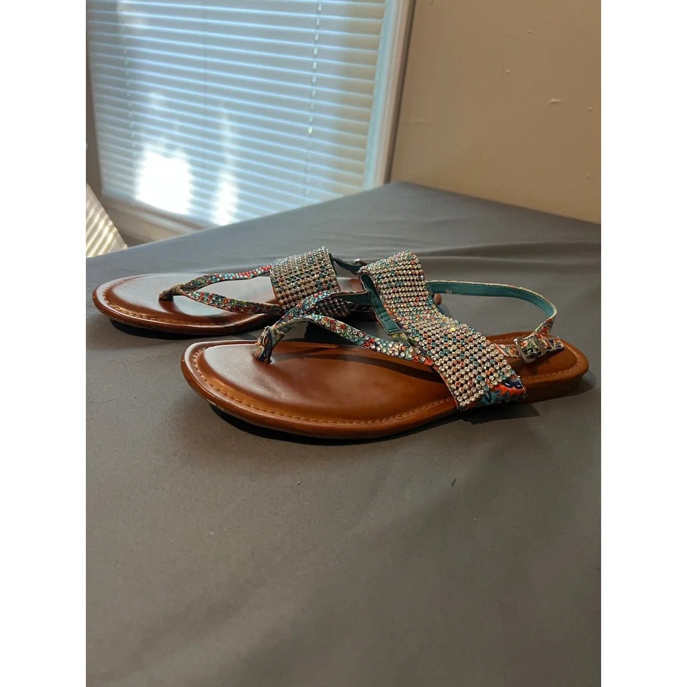 Gianni Bini Womens Rhinestone Paisley Slingback Thong Sandals Multi Color Size 9